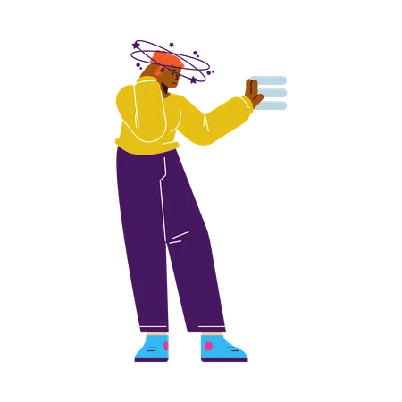 Sad woman with dizziness while suffers from vertigo and headache and needs medical help  Illustration