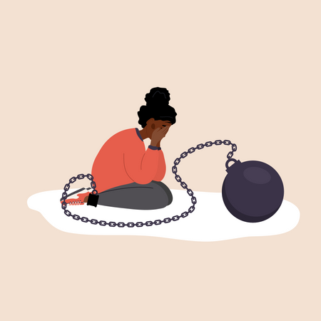 Sad woman with heavy wrecking ball feeling guilty  Illustration