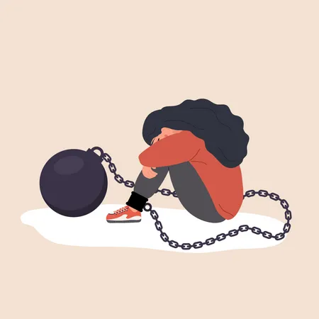 Self Flagellation Sad Woman With Heavy Wrecking Ball Feeling Guilty Concept Of Psychological Self Harm Criticism Judgment Mental Problems Vector Illustration In Flat Cartoon Style Illustration