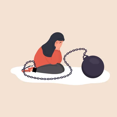 Self Flagellation Sad Arabian Woman With Heavy Wrecking Ball Feeling Guilty Concept Of Psychological Self Harm Criticism Judgment Mental Problems Vector Illustration In Flat Cartoon Style Illustration