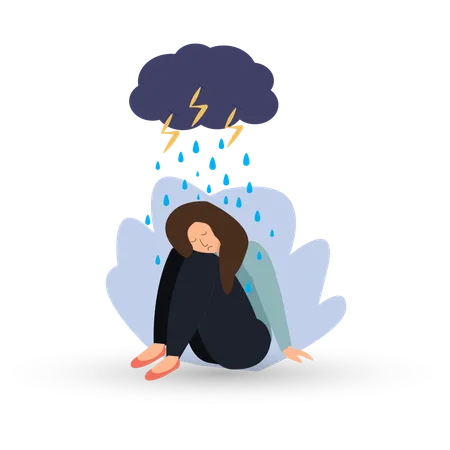 Unhappy And Sad Young Girl In Depression Sitting And Hugging Knees With Confused And Rainy Cloud On Mind Sorrow Mental Health Concept Vector Illustration Illustration