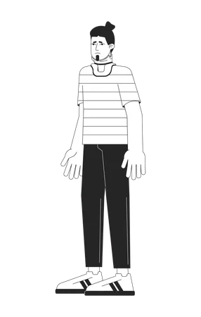 Sad Young Man In Neck Bandage Flat Line Black White Vector Character Editable Outline Full Body Sick Man With Neck Injury On White Simple Cartoon Isolated Spot Illustration For Web Graphic Design Illustration