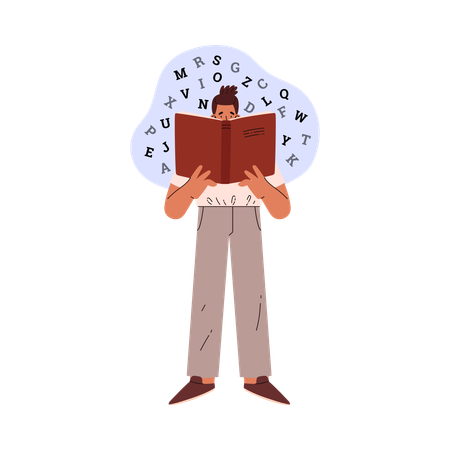 Sad young man reading big book  Illustration