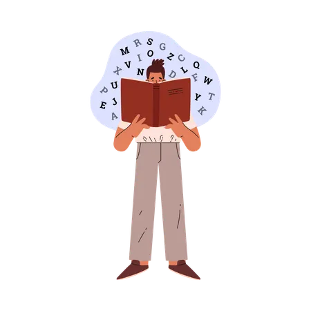 Sad young man reading big book  Illustration