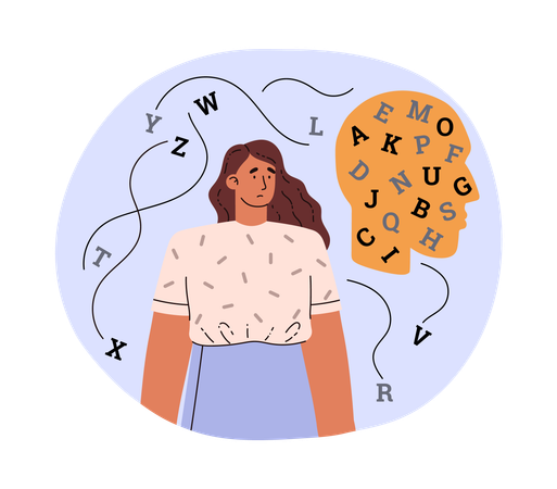 Sad young woman and head yellow  silhouette with letters  Illustration