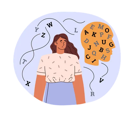 Sad young woman and head yellow  silhouette with letters  Illustration