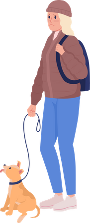 Sad young woman with dog on leash  Illustration