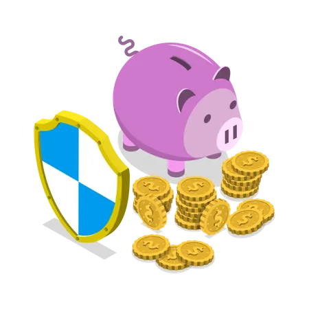 Safe Financial Savings Isometric Flat Vector Concept Piggy Bank Protected By Shield Illustration