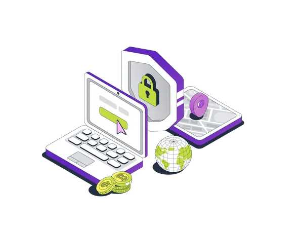 Laptop Makes A Purchase A Flying Shield And A Delivery Map With A Placeholder The Concept Of Safe Online Shopping Secure Payment With Protection Isometric Vector Illustration 일러스트레이션