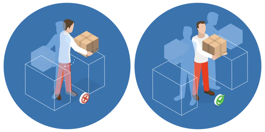 3 D Isometric Flat Vector Illustration Of Load Handling In Workplace Safe Way Of Manual Lifting Of Weights Illustration