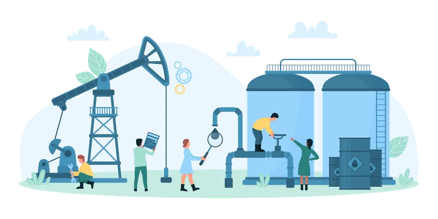 Safety Inspection Of Oil Industry Equipment By Workers Vector Illustration Cartoon Tiny People Check Facility Of Factory Steel Pipelines And Valves Drilling Rig Pumpjack And Industrial Tank Illustration