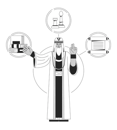 Sage Archetype Bw Concept Vector Spot Illustration Wise Man With Long Beard 2 D Cartoon Flat Line Monochromatic Character For Web UI Design Psychology Personality Editable Isolated Outline Hero Image 일러스트레이션