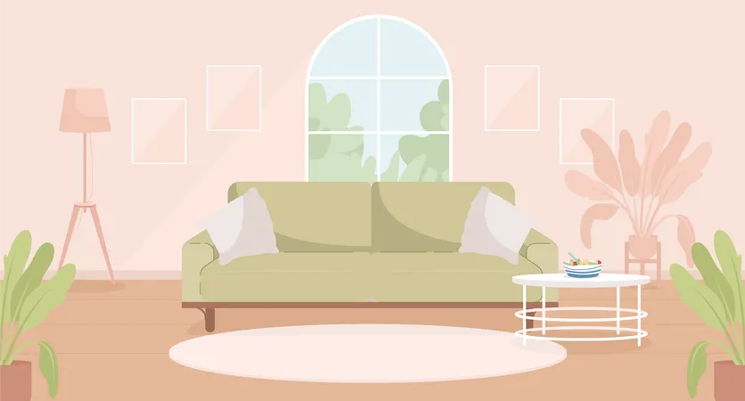 Sage Green And Pink Contemporary Living Room Flat Color Vector Illustration Spacious Modern House Fully Editable 2 D Simple Cartoon Interior With Apartment Furniture And Accessories On Background Illustration
