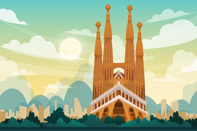 Schone Szene Der Basilika Sagrada Familia Gaudi In Barcelona Dem Beruhmten Denkmal Spaniens Einer Der Wahrzeichen Der Touristenattraktionen Design Postkarte Oder Reiseplakat Vektorgrafik Illustration