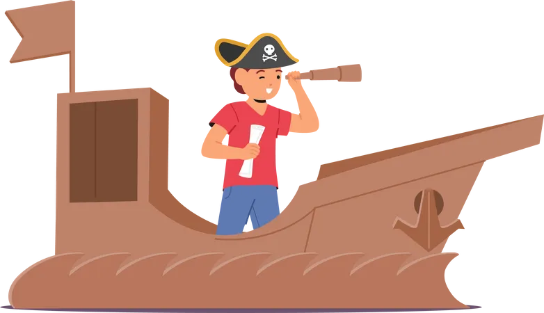 Imagination Sets Sail As A Kid Navigates Boundless Seas In A Cardboard Ship Riding Waves Of Creativity With Nothing But Dreams Little Boy Brave Pirate Character Cartoon People Vector Illustration Illustration