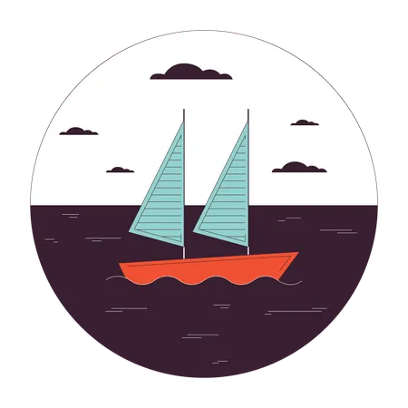 Sailboat On Water Flat Line Vector Spot Illustration Yacht Ocean Sea Boating 2 D Cartoon Outline Circle Seascape On White For Web UI Design Yachting Sport Editable Isolated Colorful Hero Image Illustration