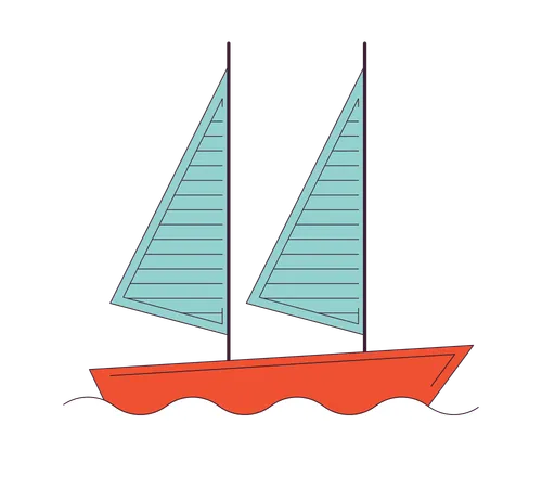 Sailing Sailboat Waves Flat Line Color Isolated Vector Object Watercraft Maritime Transport Editable Clip Art Image On White Background Simple Outline Cartoon Spot Illustration For Web Design Illustration