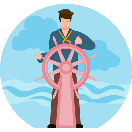 Sailor holding wheel of boat  Illustration