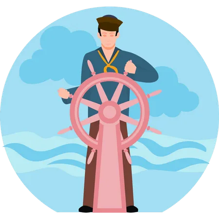 Sailor holding wheel of boat  Illustration