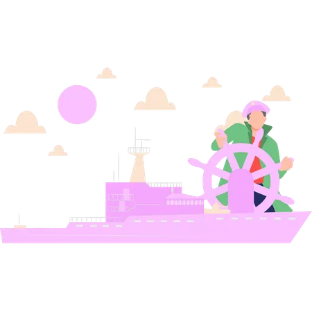 A Sailor Is Sailing A Ship In The Sea Illustration