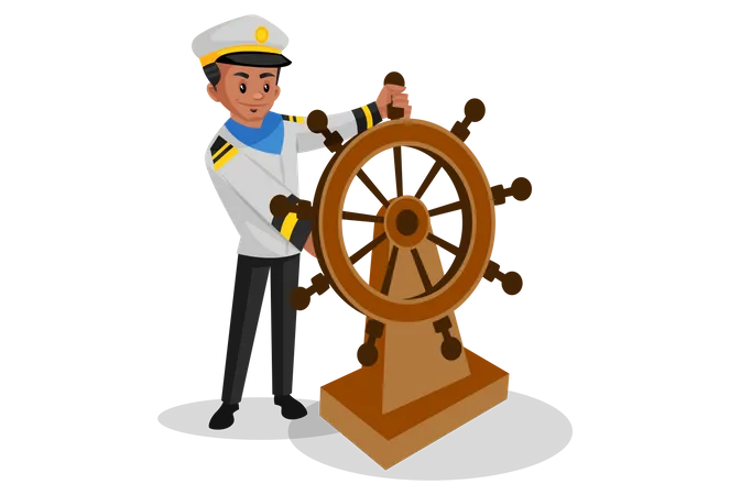 Sailor turning ship with steering wheel  Illustration