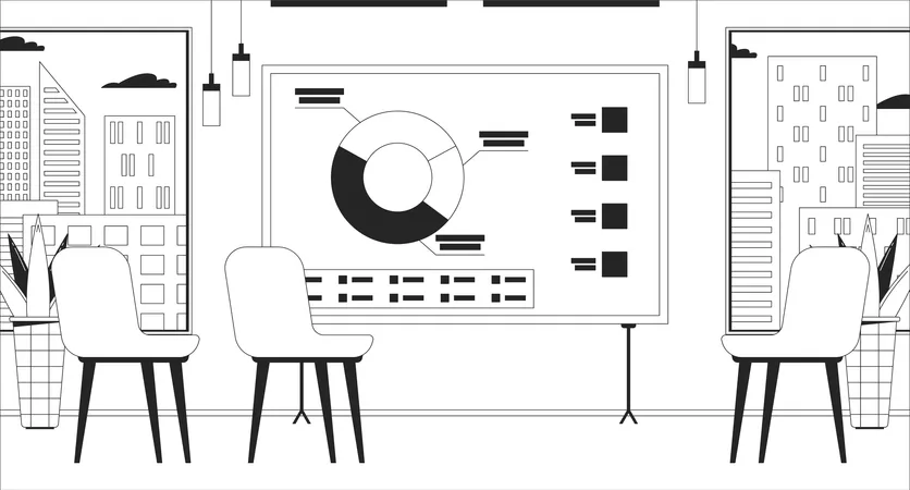 Tablero de presentación con gráficos en una sala de conferencias vacía  Ilustración