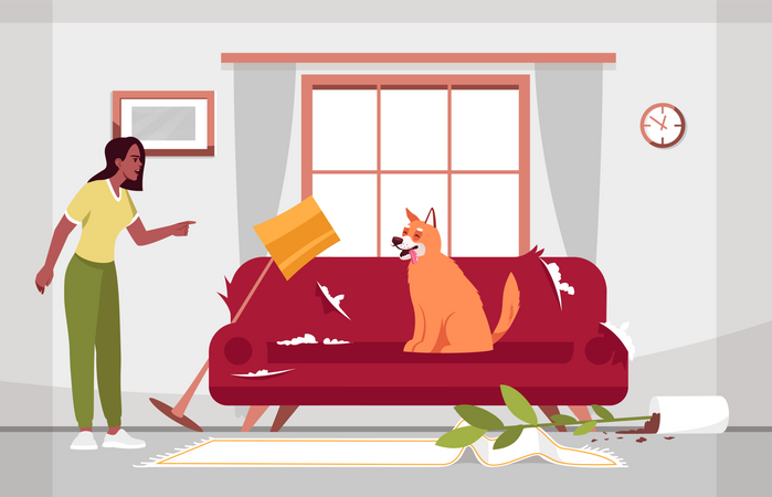 Sala de estar bagunçada e cachorro travesso  Ilustração