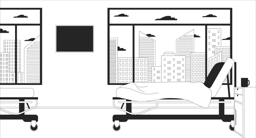 Sala de hospital vacía con cama ajustable sobre ruedas  Ilustración