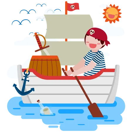 Salad boy boating pirate ship in the sea Illustration