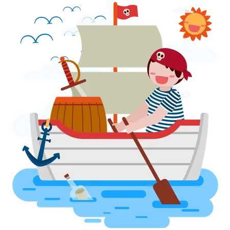 Salad boy boating pirate ship in the sea  Illustration