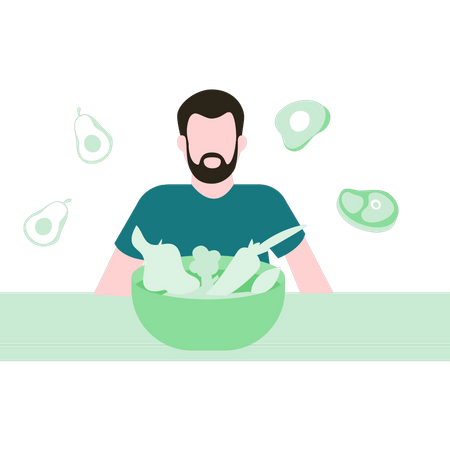 Homem comendo salada saudável  Ilustração