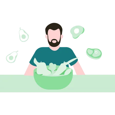 Homem comendo salada saudável  Ilustração