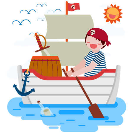 Salad Boy naviguant sur un bateau pirate dans la mer  Illustration