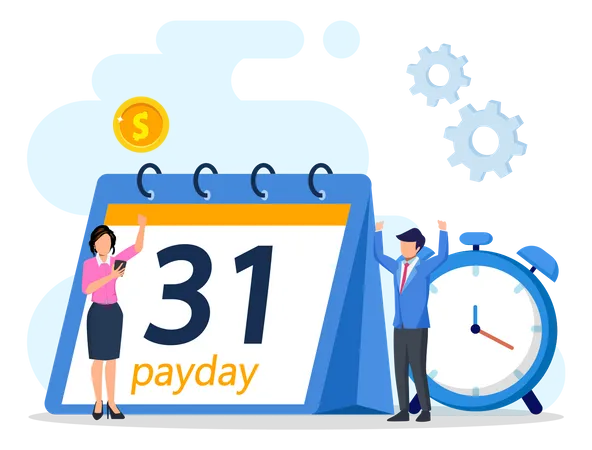Payday Vector Concept Business People Feeling Happy While Getting Money And Standing With Calendar And Alarm Clock Illustration