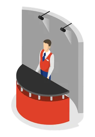 Sale Assistant Salesman In The Shop Standing At The Counter Retail Market And Promotion Isolated Vector Isometric Illustration Illustration