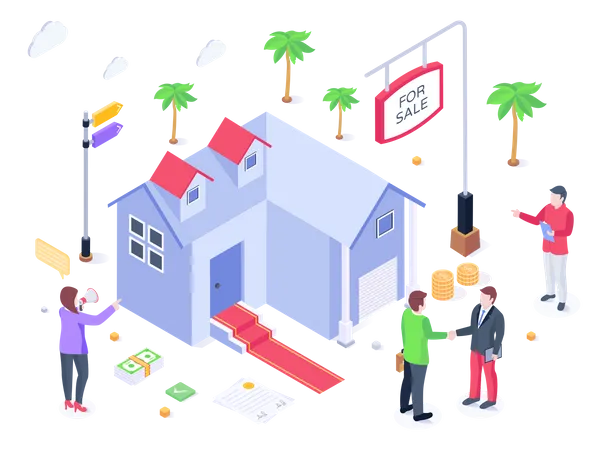A Sale House Isometric Vector Persons House Dealership Illustration