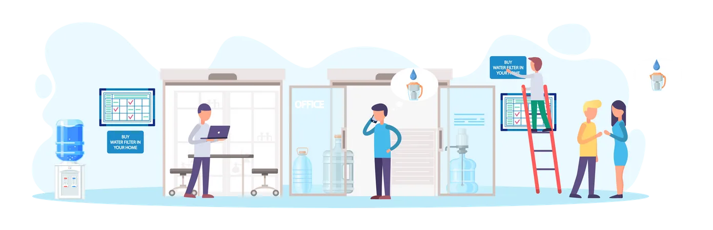 Sale Of Filtered Water Business Concept Manager In Office Take Orders From Customers For Delivery Of Clean Water In Bottles For Consumers Drinkable Pure Water Treatment Filtration Technology Illustration