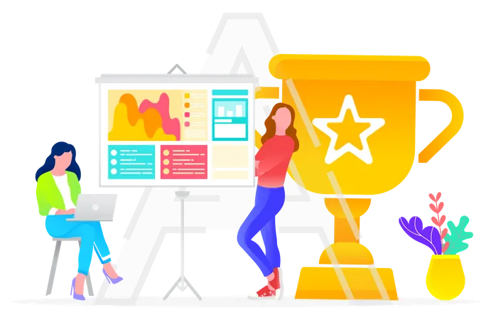 Presentation Of Graph Report And Communication With Laptop Cup Award Board With Chart And Data Analysis Of Workers Colleagues Women Employees Developing Business Startup And Information Icon Vector Illustration