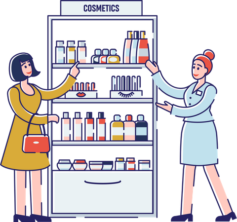 Sales Associate Consulting Customer On Cosmetics Products and Special Offers  Illustration