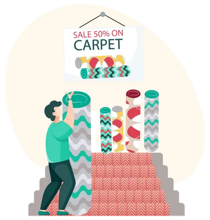 Discounts Sales At Carpet Store Man Designer Decorator Chooses Rug For Home Interior Design Decoration Choice Shopping Work Concept Young Man In Textile Shop Selection Material Or Carpeting Illustration