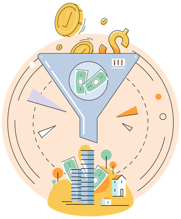 Sales funnel with golden coins pour into crater  Illustration