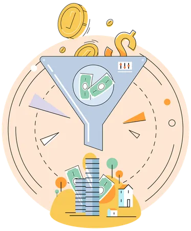 Sales funnel with golden coins pour into crater  Illustration