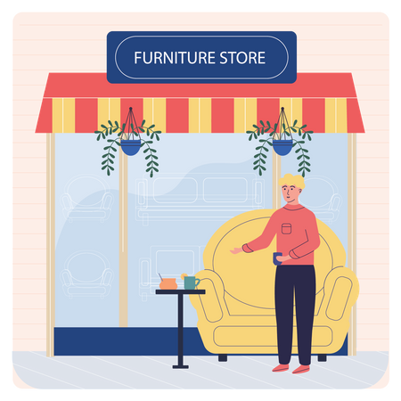 Sales man showing couch in furniture store  Illustration