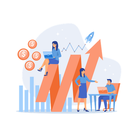 Sales managers with laptops and growth chart  Illustration