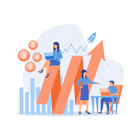 Sales managers with laptops and growth chart  Illustration