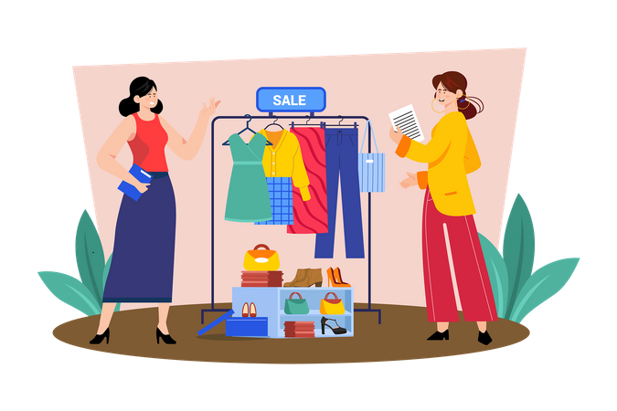Sales representative helping customers with product recommendations and purchases  Illustration
