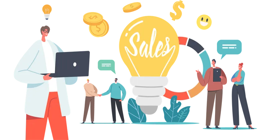 Sales Strategies Business Concept With Tiny Businessmen And Businesswomen Characters At Huge Light Bulb And Pie Chart With Statistics Or Analytics Information Cartoon People Vector Illustration Illustration