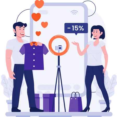 Sales Team Promoting Product When Live Shopping Illustration Illustration