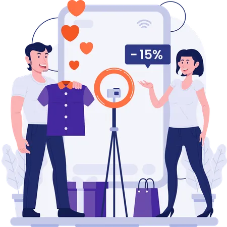 Sales Team Promoting Product When Live Shopping  Illustration