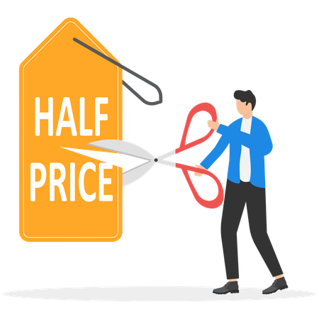 Salesman holding scissors and cuts price tag in half  Illustration